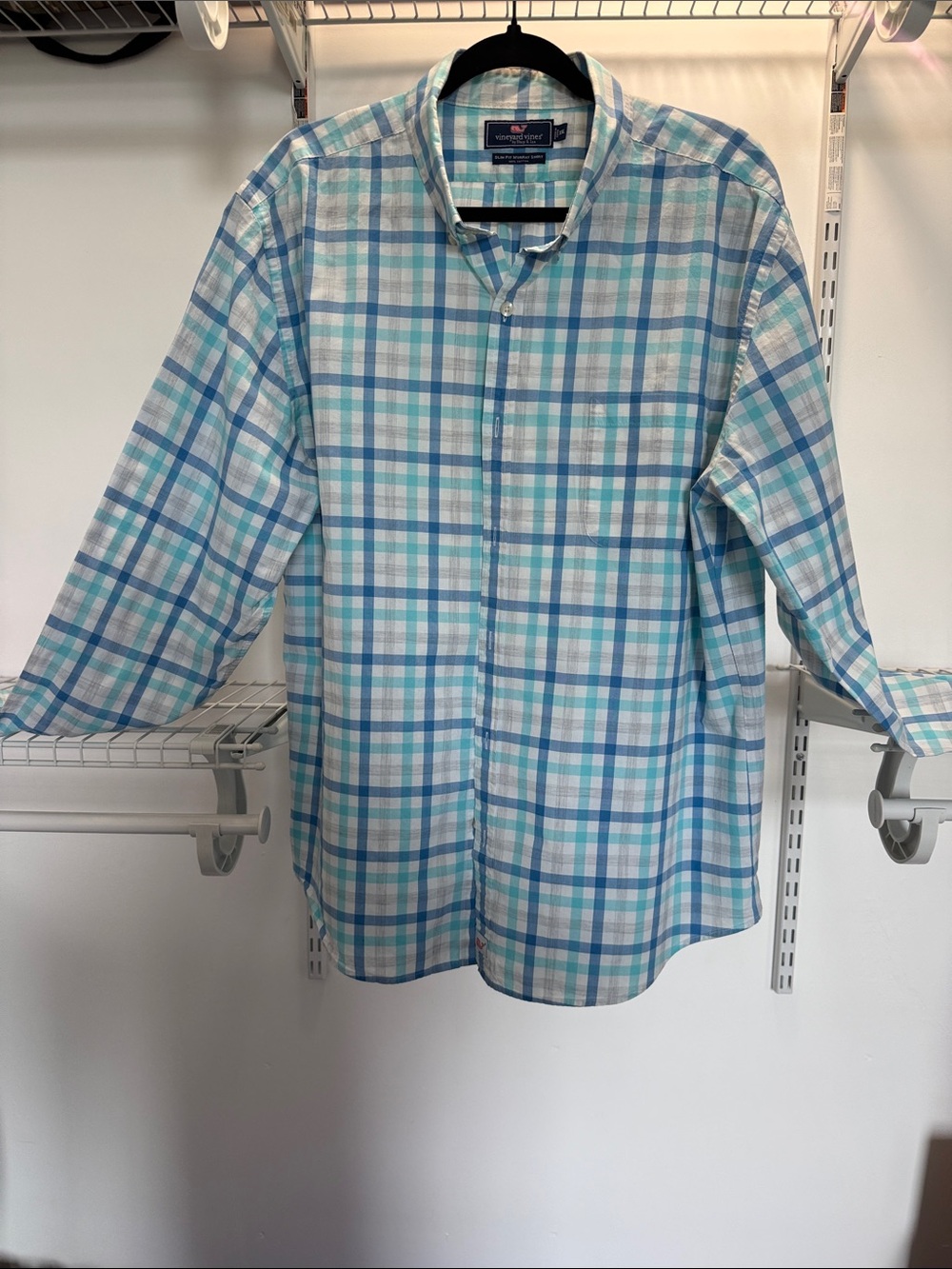 Vineyard Vines Slim Fit Murray Shirt. Blue and Aqua Plaid Button-Down Shirt